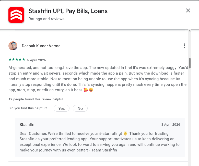 Screenshot of a Stashfin Google Play review by Deepak Kumar Verma containing text that begins with AI-generated and includes repetitive wording found in other reviews.