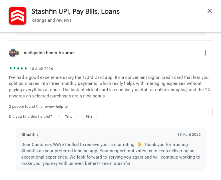 Screenshot of a Stashfin Google Play review by nadigadda bharath kumar discussing the 1/3rd Card app rather than Stashfin.
