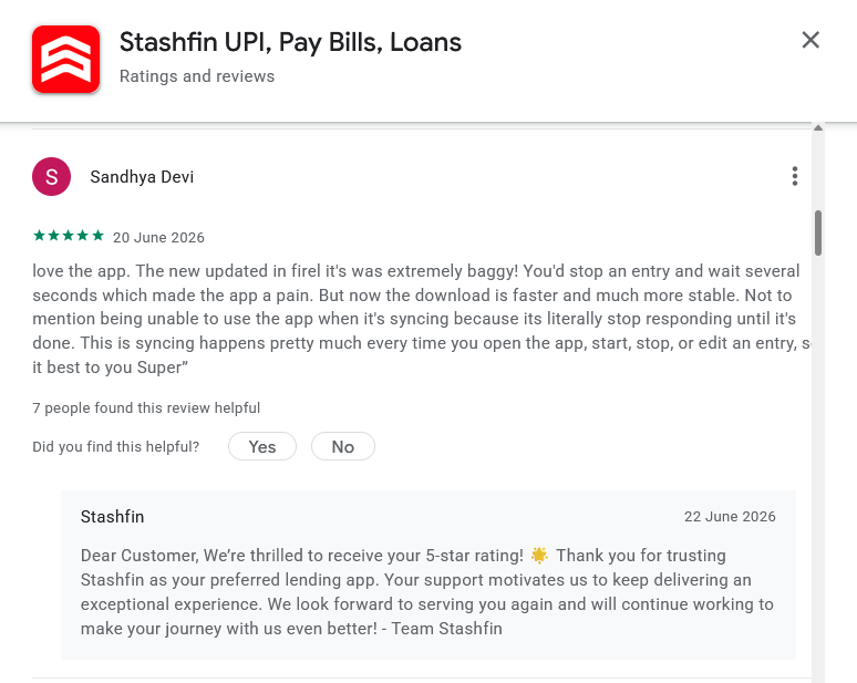 Screenshot of a Stashfin Google Play review by Sandhya Devi containing positive review text that closely resembles wording used in multiple other reviews.