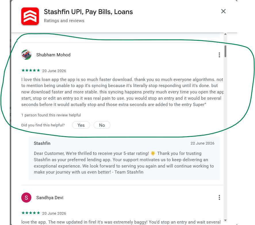 Screenshot of a Stashfin Google Play review by Shubham Mohod showing repeated phrases and wording consistent with other positive reviews examined in the investigation.