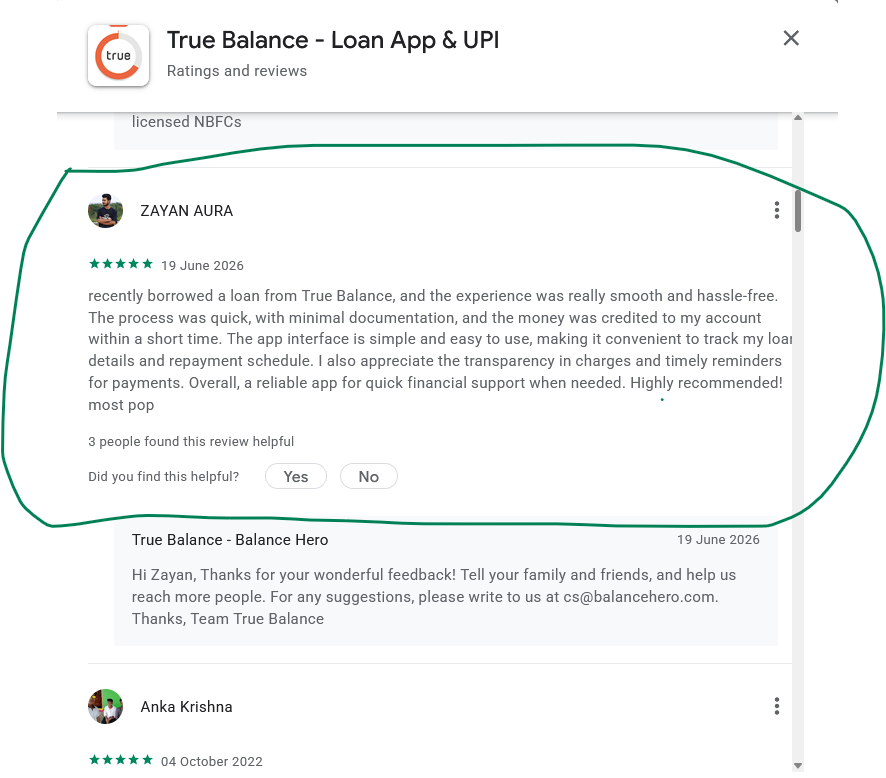 Screenshot of a Google Play review by ZAYAN AURA on the True Balance app containing positive review text that closely matches wording used in other reviews featured in the investigation.