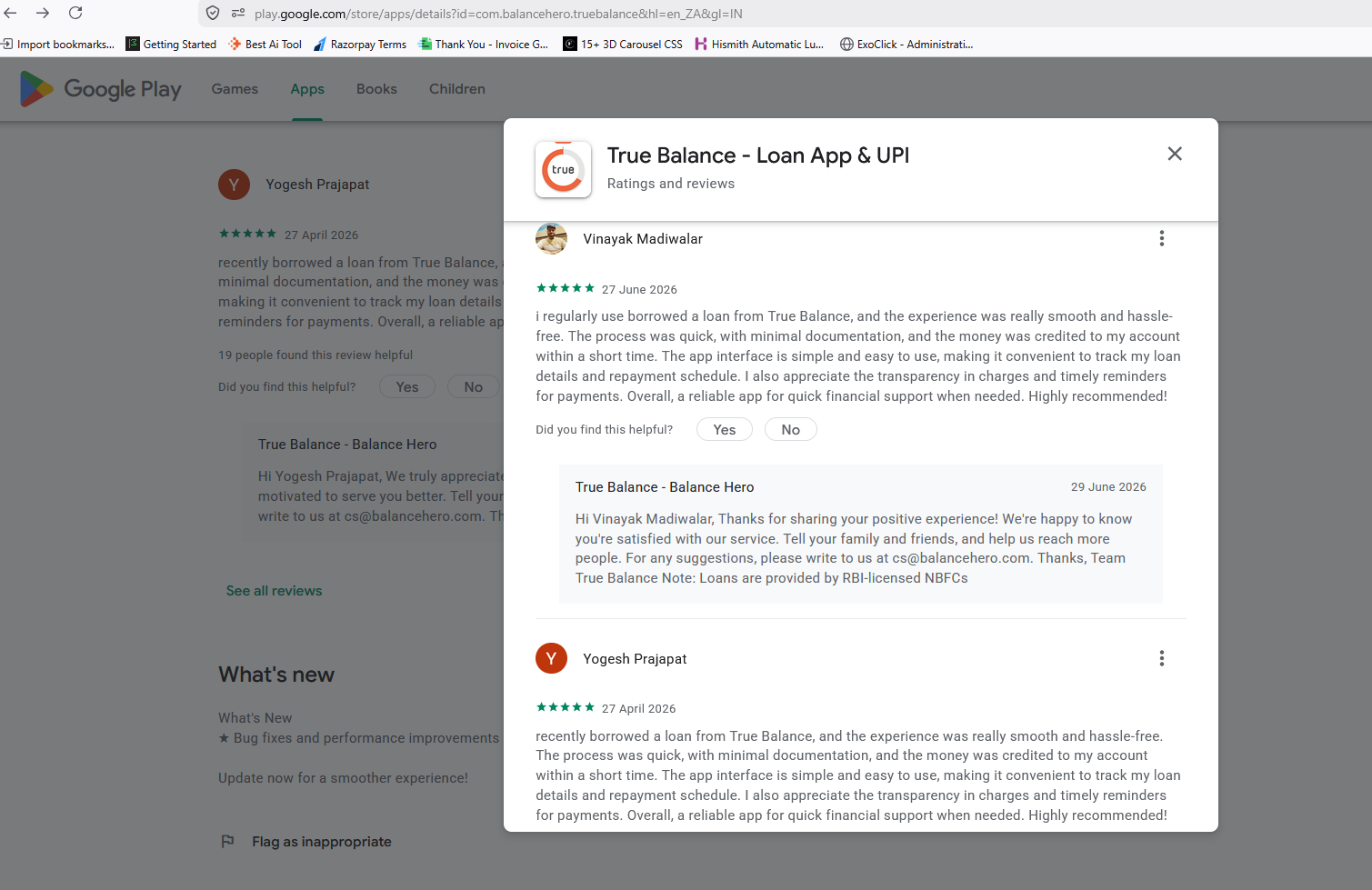 Screenshot showing Google Play reviews by Vinayak Madiwalar and Yogesh Prajapat on the True Balance app using nearly identical positive review wording.