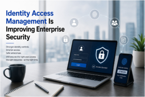 Identity and access management illustration showing secure enterprise login, identity verification, and access control.